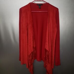 SUPER CUTE TRENDY INC INTERNATIONAL CONCEPTS FAUX SUEDE RED FRINGE CARDIGAN SZ M